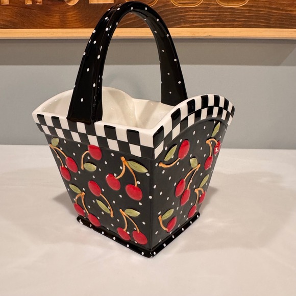 Mary Engelbreit Cherry Polka Dot Checkered Ceramic Basket Planter Decor 2000 - Picture 3 of 7